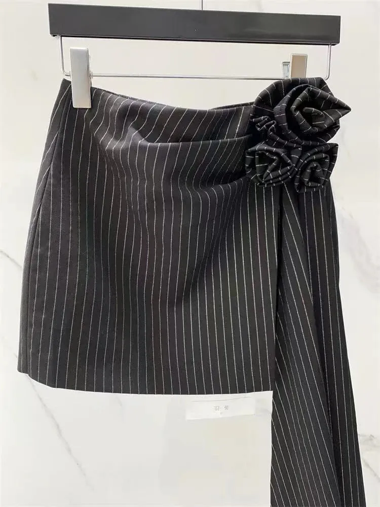 Striped Skirts For Women High Waist Patchwork Floral A Line Temperament Skirt Female Fashion Style Clothing