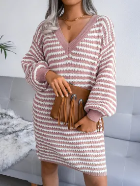 Striped V-Neck Long Sleeve Mini Sweater Dress