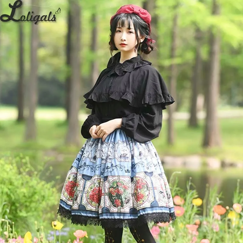 Sweet Floral Printed A line Skirt Mori Girl Short Skirt with Ruffles