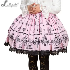 Sweet Mori Girl Pink Bird Cage and Chandelier Printed Short Skirt for Women