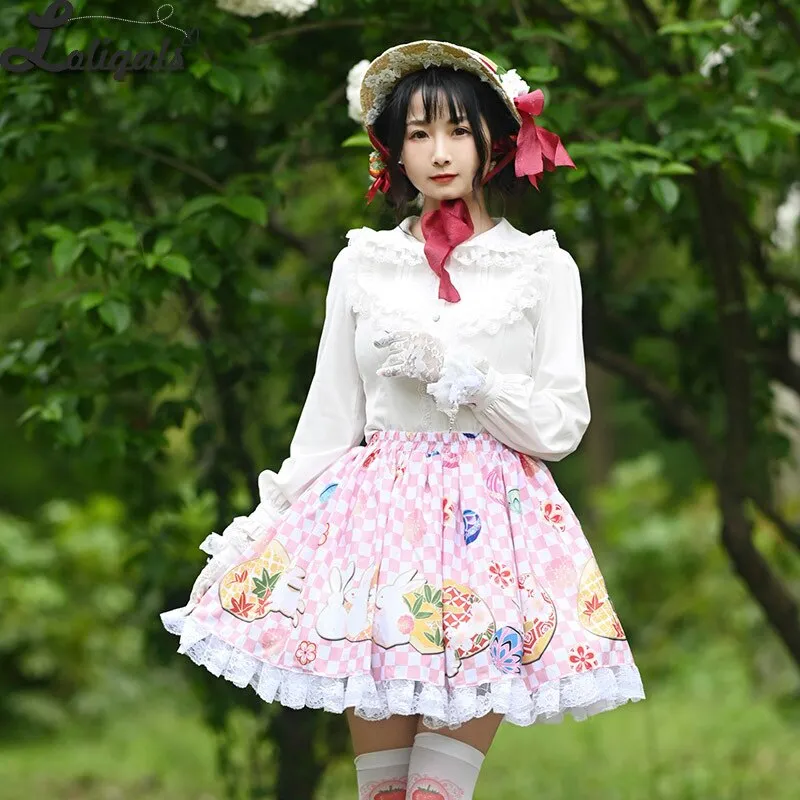 Sweet Short Skirt Mori Girl Rabbit Printed Checkered A line Lolita Skirt