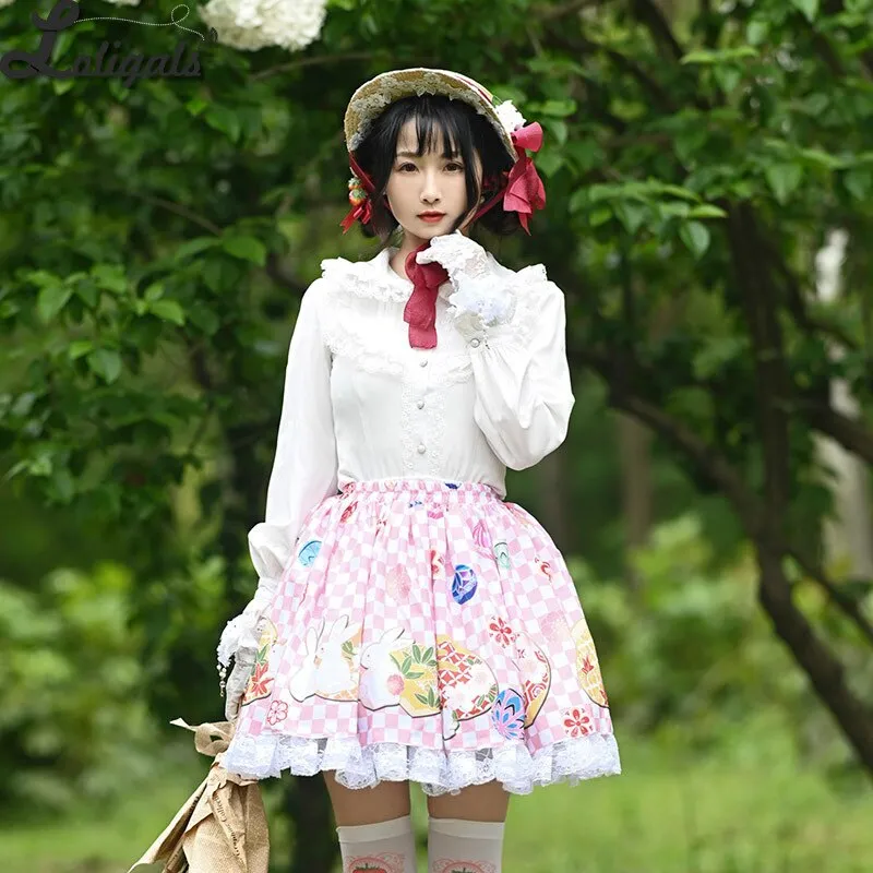 Sweet Short Skirt Mori Girl Rabbit Printed Checkered A line Lolita Skirt