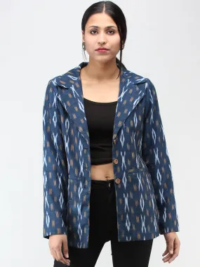 Teal Blue White Mustard Hand Woven Ikat Blazer - J13FXXX