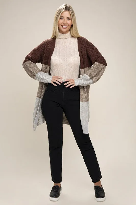 TEEK - Brown Color Block Open Front Cardigan