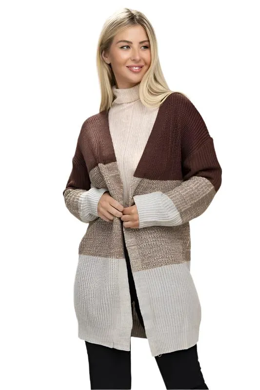 TEEK - Brown Color Block Open Front Cardigan