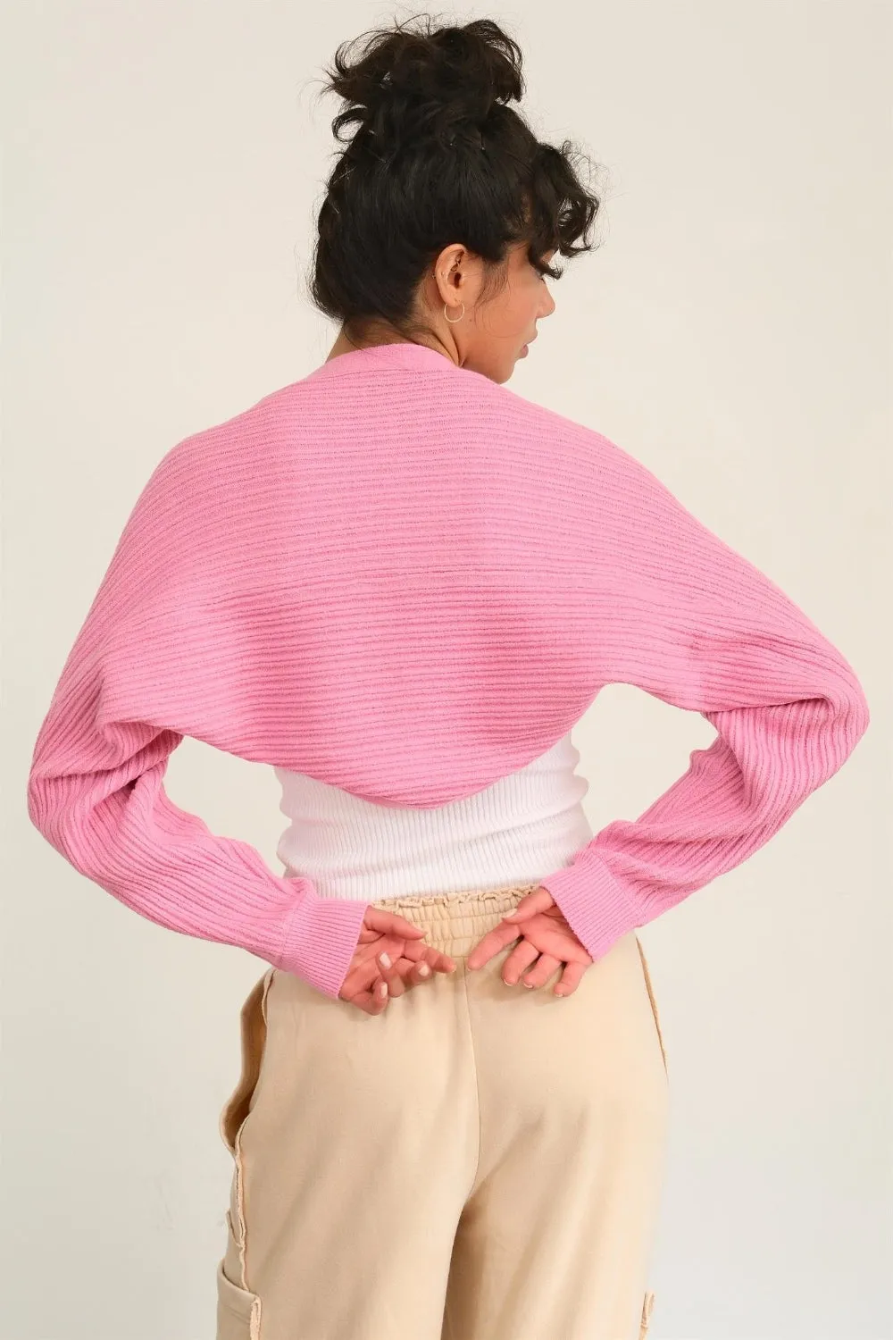 TEEK - Rose Pink Ribbed Knit Bolero Cardigan