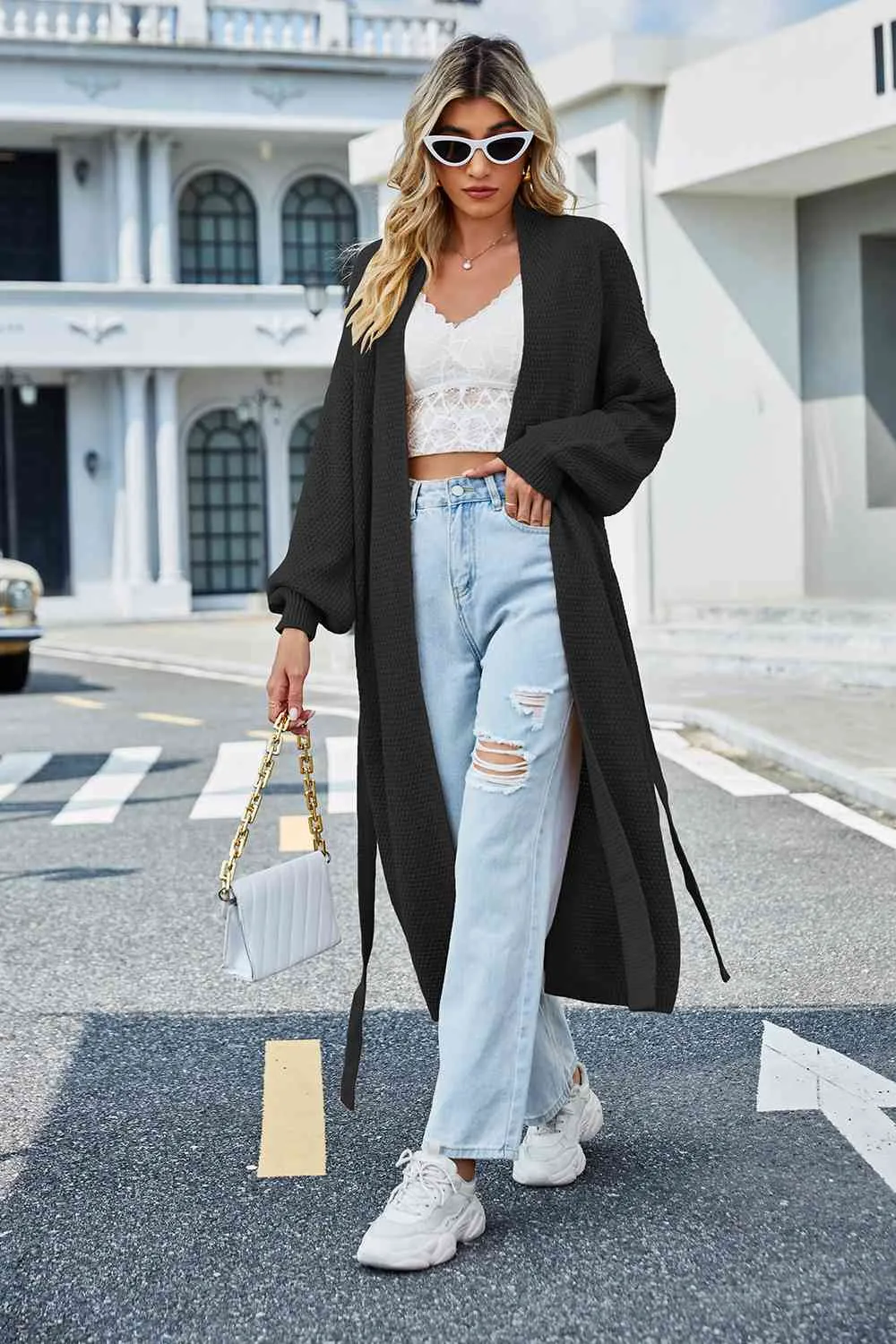 Tie Waist Dropped Shoulder Cardigan