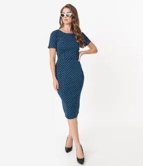 Unique Vintage 1960s Navy & White Pin Dot Short Sleeve Mod Wiggle Dress