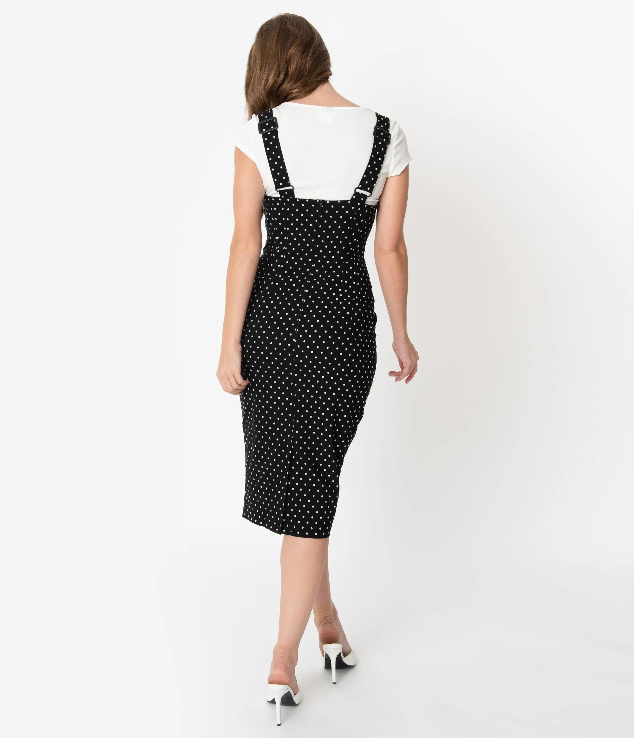 Unique Vintage Black & White Pin Dot Fontaine Suspender Pencil Skirt