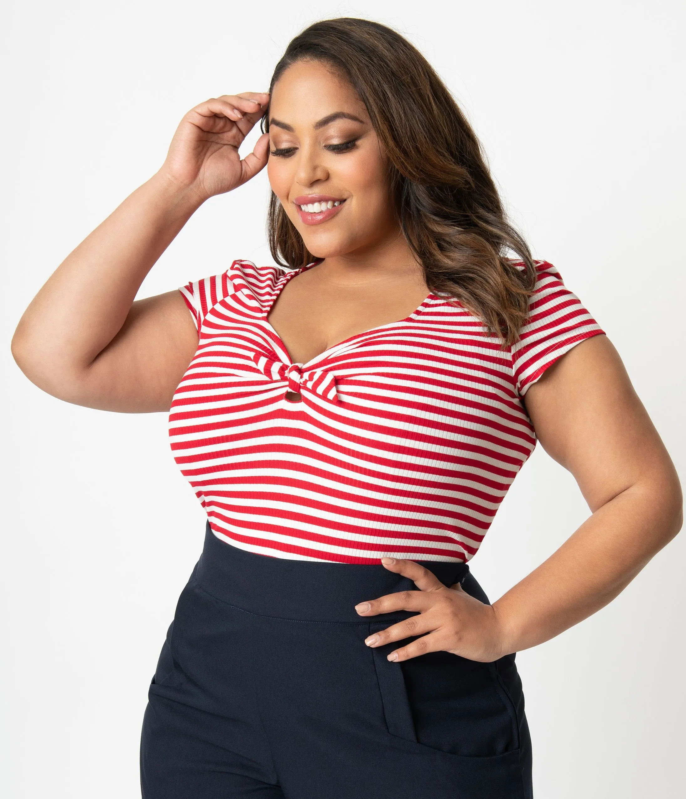 Unique Vintage Plus Size 1950s Style Red & White Stripe Knit Sweetheart Rosemary Top