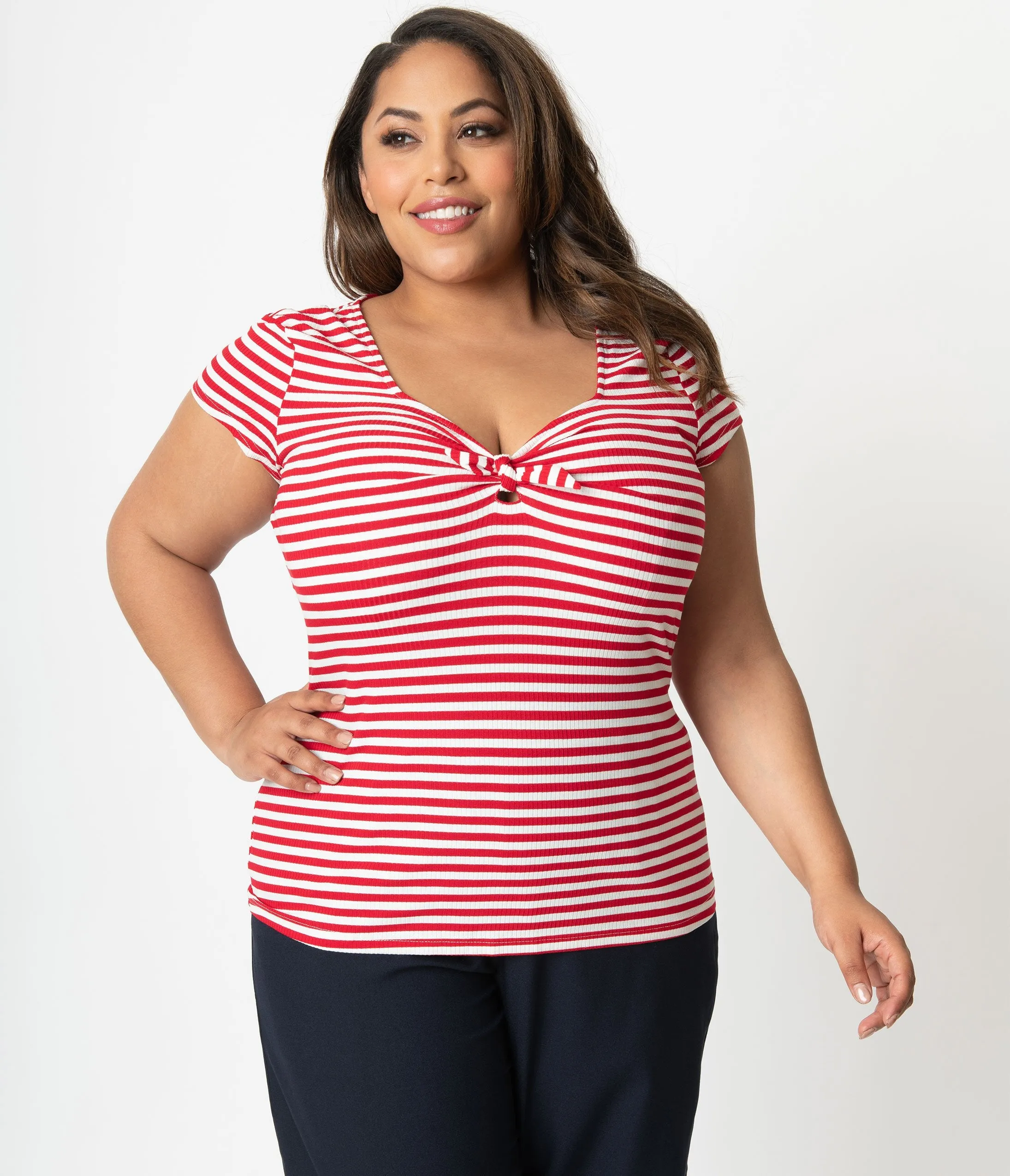 Unique Vintage Plus Size 1950s Style Red & White Stripe Knit Sweetheart Rosemary Top