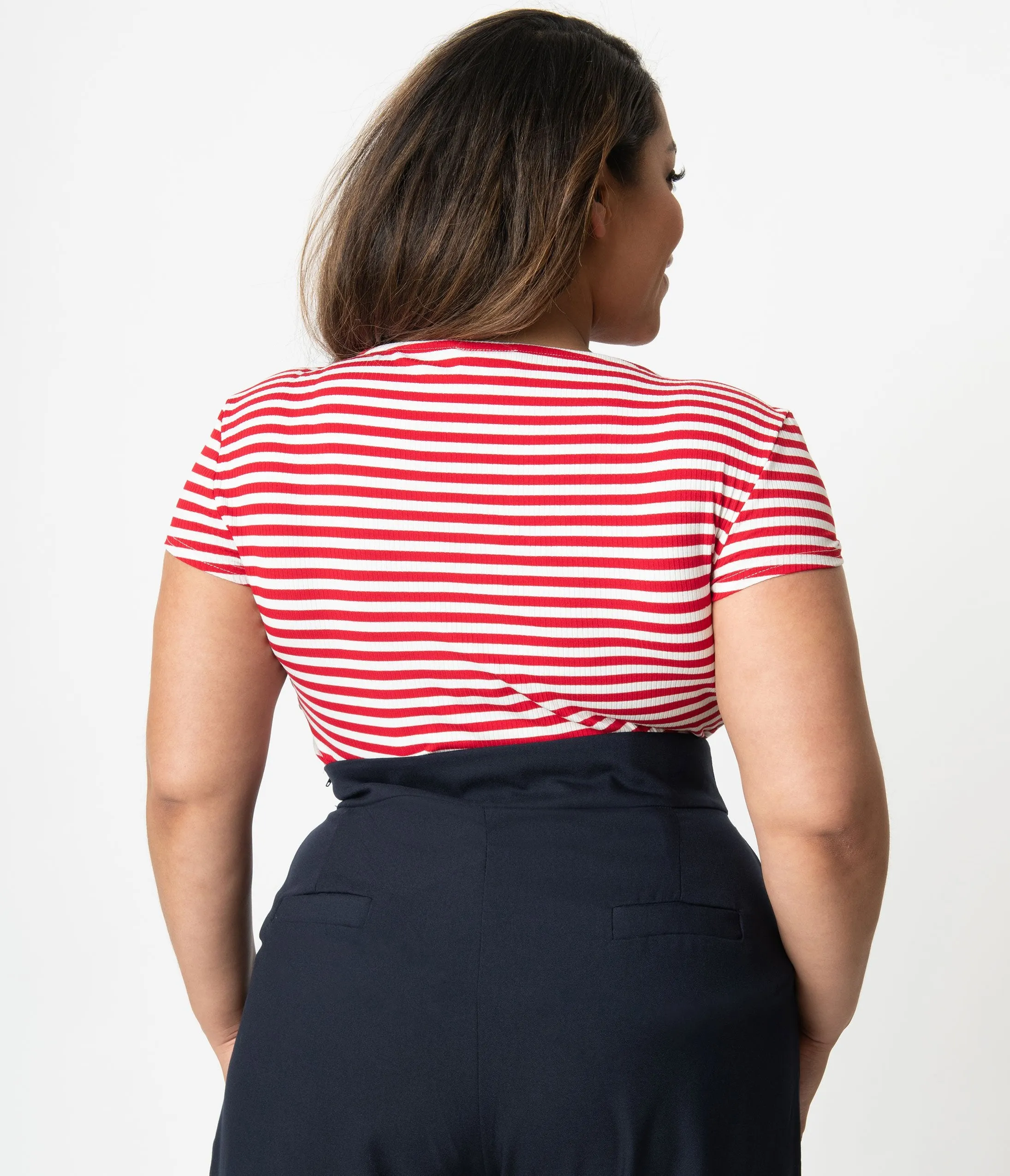 Unique Vintage Plus Size 1950s Style Red & White Stripe Knit Sweetheart Rosemary Top