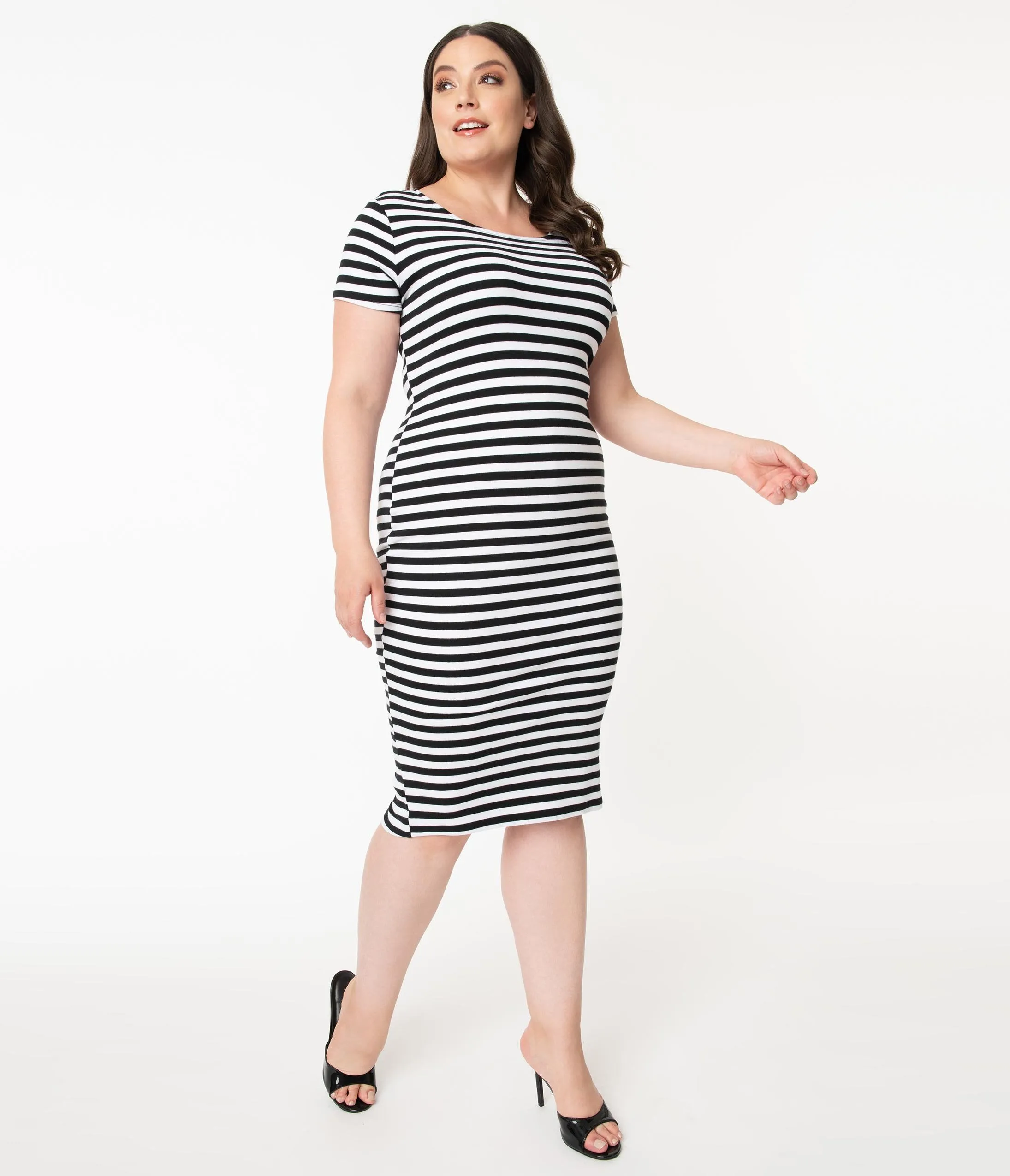 Unique Vintage Plus Size 1960s Black & White Stripe Presley Wiggle Dress