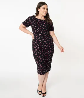 Unique Vintage Plus Size Black & Purple Bats Short Sleeve Mod Wiggle Dress