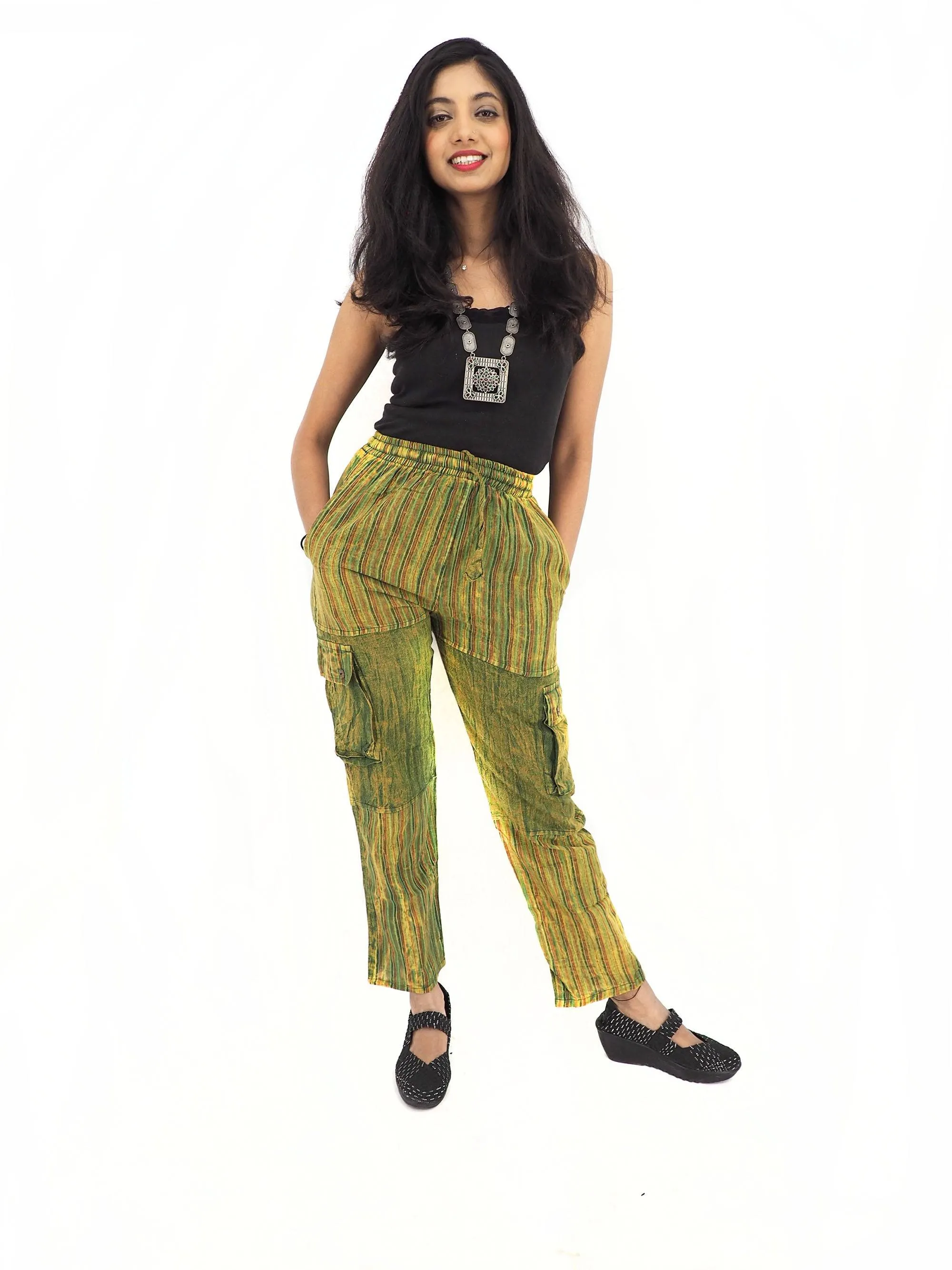 Unisex Handmade Casual Boho Cotton Solid And Stripe Green Color Pants Size S-M-L-XL