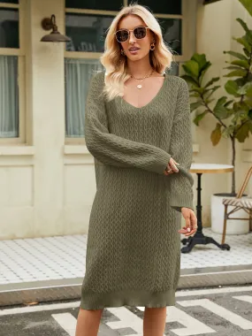 V-Neck Long Sleeve Sweater Dress