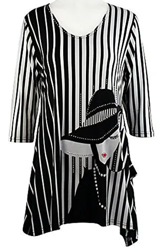 Valentina Signa - Striped Silhouette, 3/4 Sleeve Sharkbite Tunic Rhinestone Accent