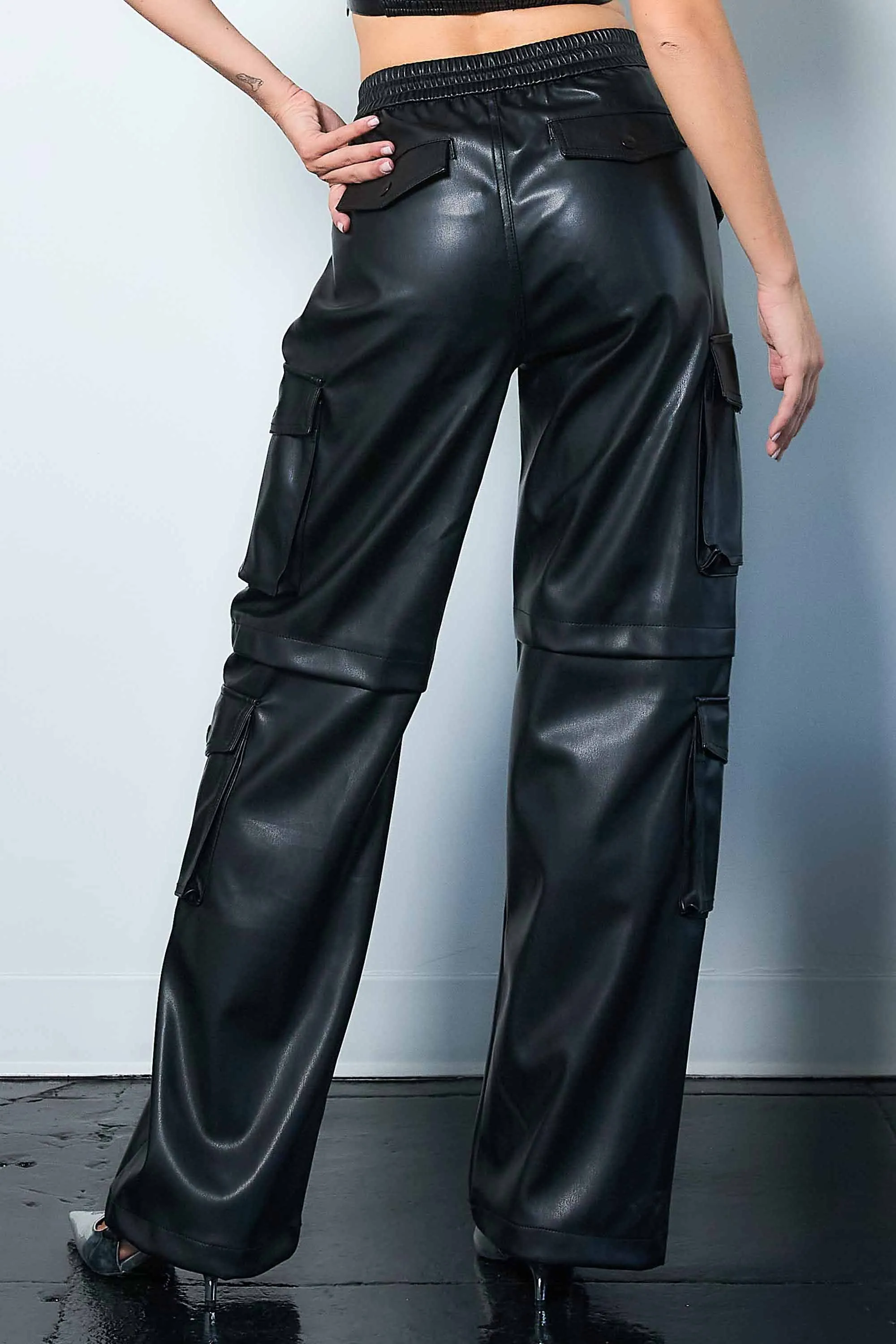 Vegan Leather Elastic Waist Band Baggy Cargo Pants