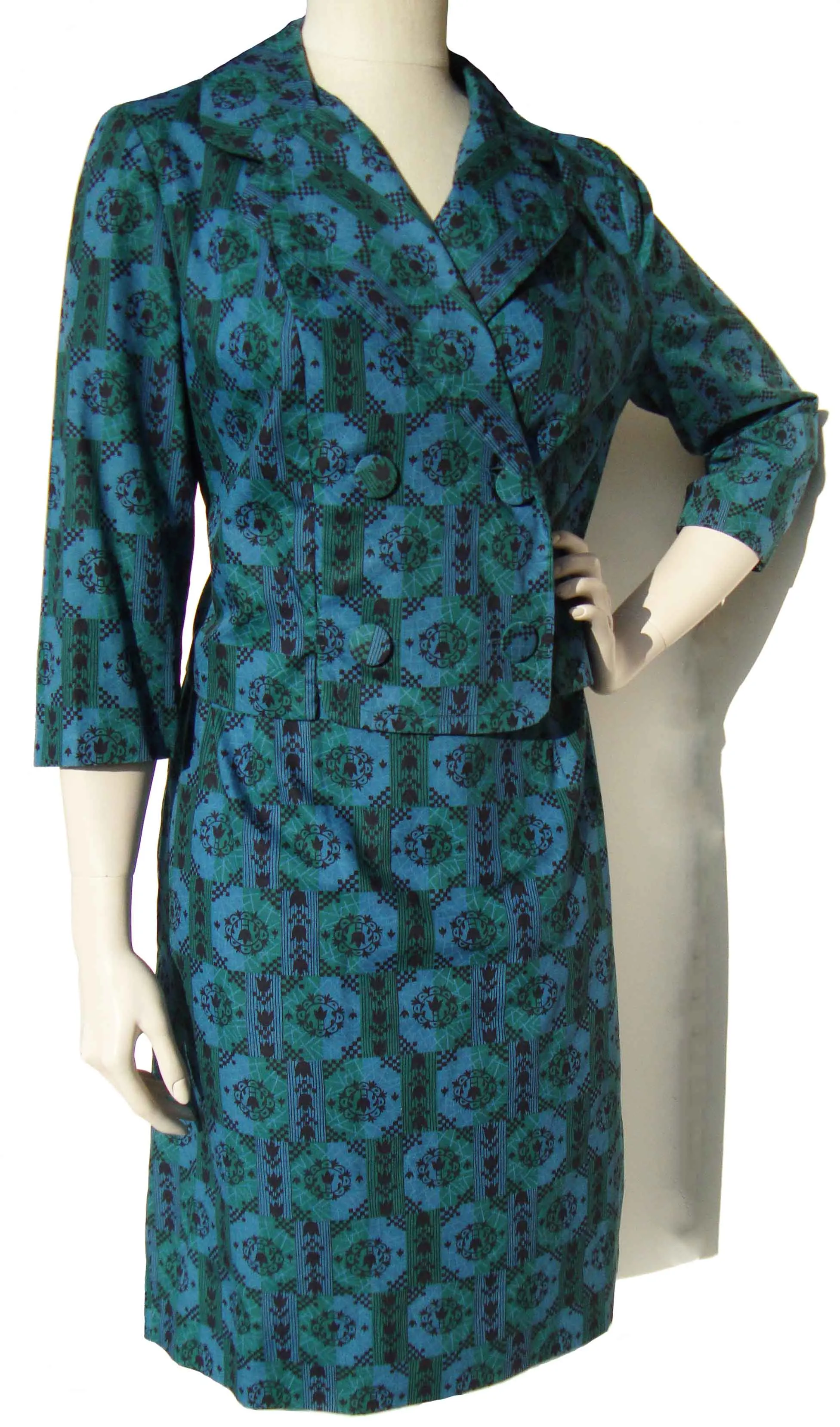 Vintage Ladies Suit Modernist Blue Green Bolero Jacket & Skirt M / L