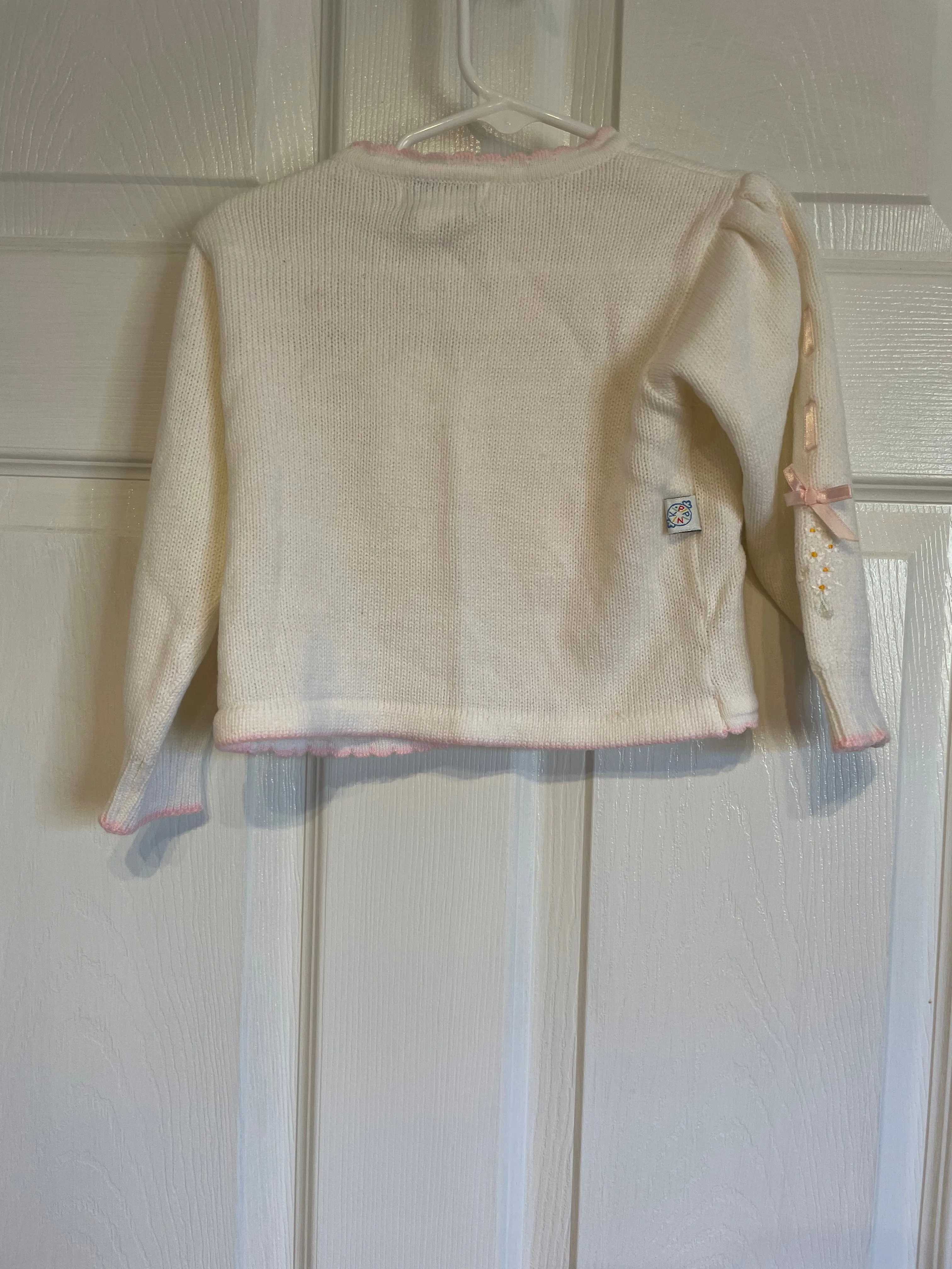 Vintage Pipiniki Baby Infant Toddler Girls  18 Months White Sweater Cardigan Pink Ribbon