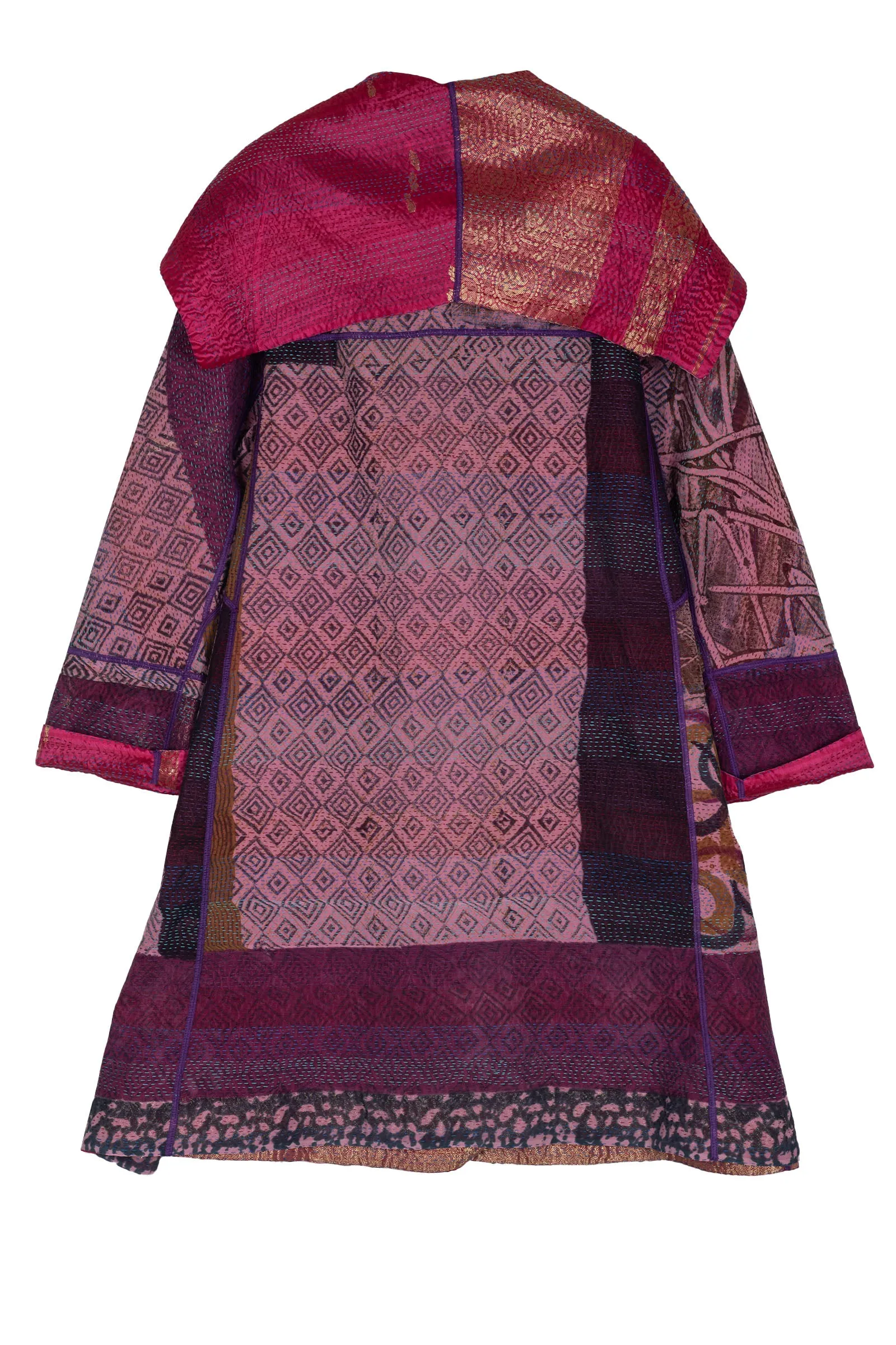 VINTAGE SILK GEORGETTE KANTHA A-LINE COAT - sg2309-0004a -