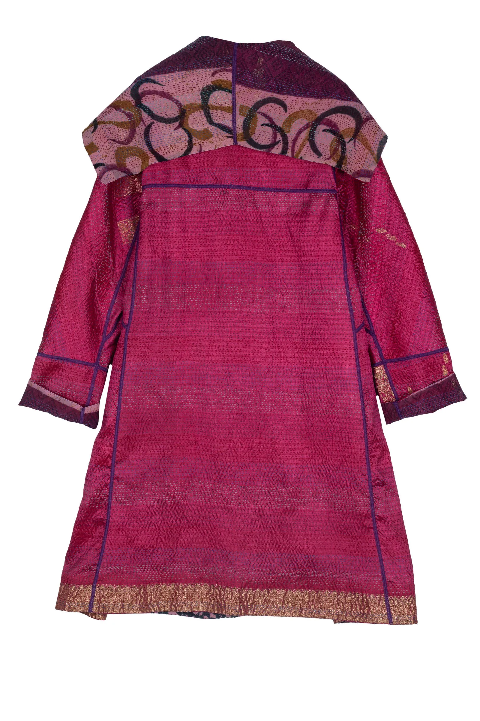 VINTAGE SILK GEORGETTE KANTHA A-LINE COAT - sg2309-0004a -