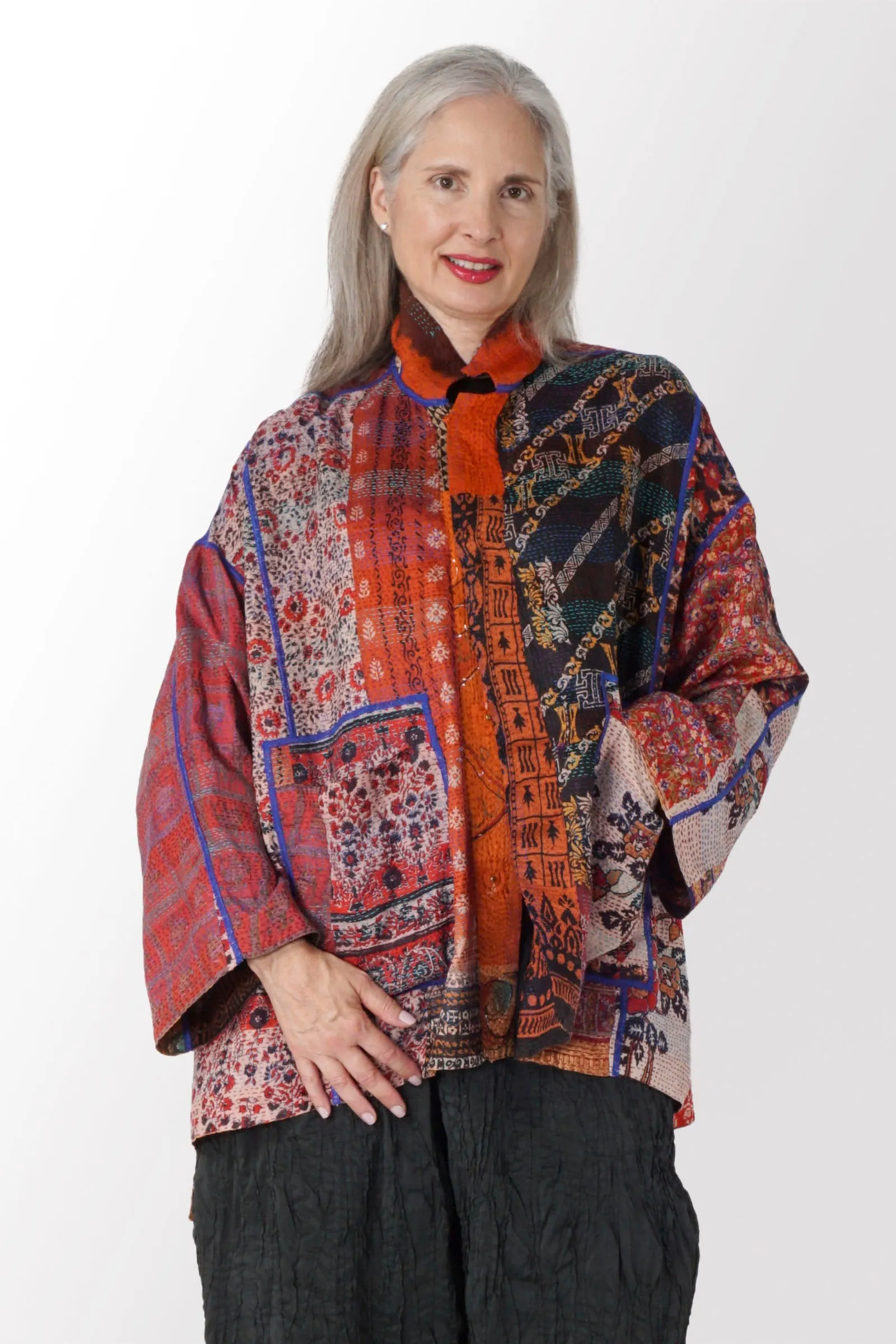 VINTAGE SILK KANTHA OVERSIZED MINI COAT - sv2332-0002a -