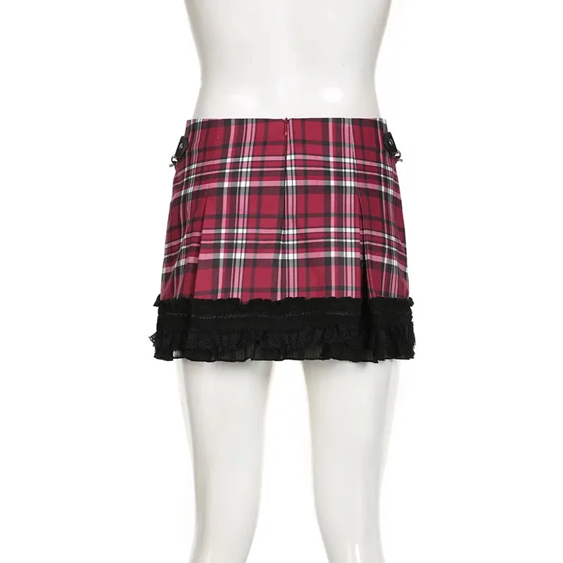 Vintage Y2K Red Plaid Skirt Low Waist England Style Lace Patched Pearls Harajuku Preppy Style Mini Skirt Girls Hottie