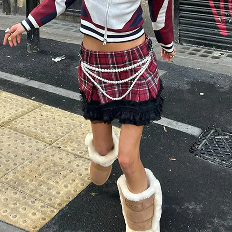 Vintage Y2K Red Plaid Skirt Low Waist England Style Lace Patched Pearls Harajuku Preppy Style Mini Skirt Girls Hottie