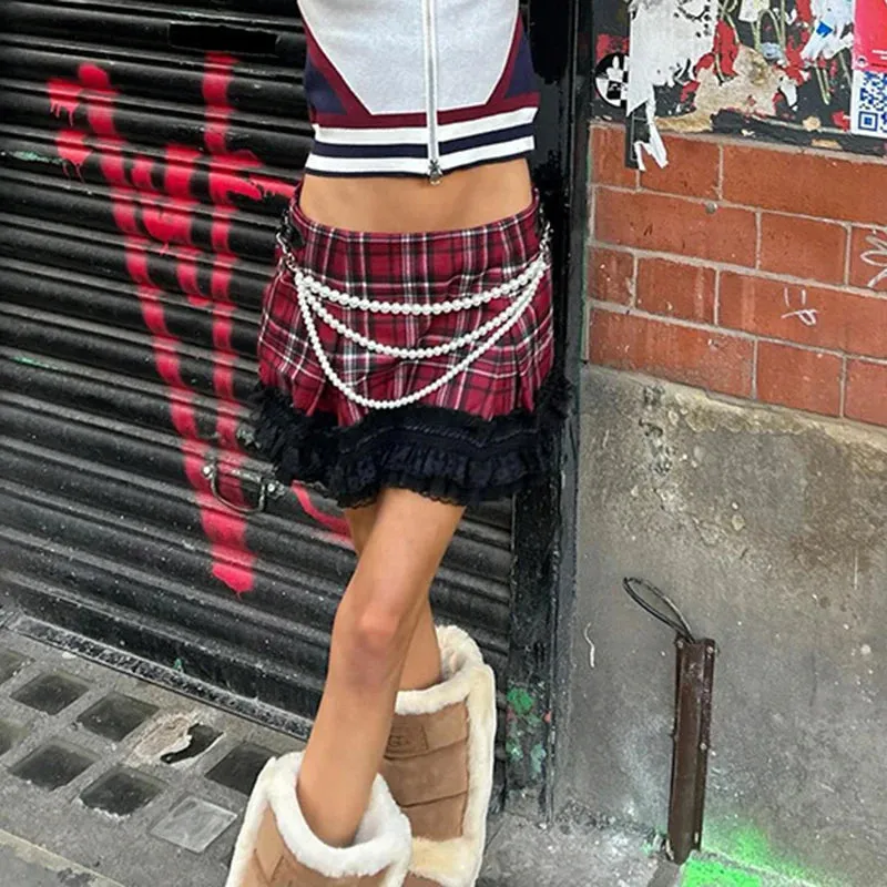 Vintage Y2K Red Plaid Skirt Low Waist England Style Lace Patched Pearls Harajuku Preppy Style Mini Skirt Girls Hottie