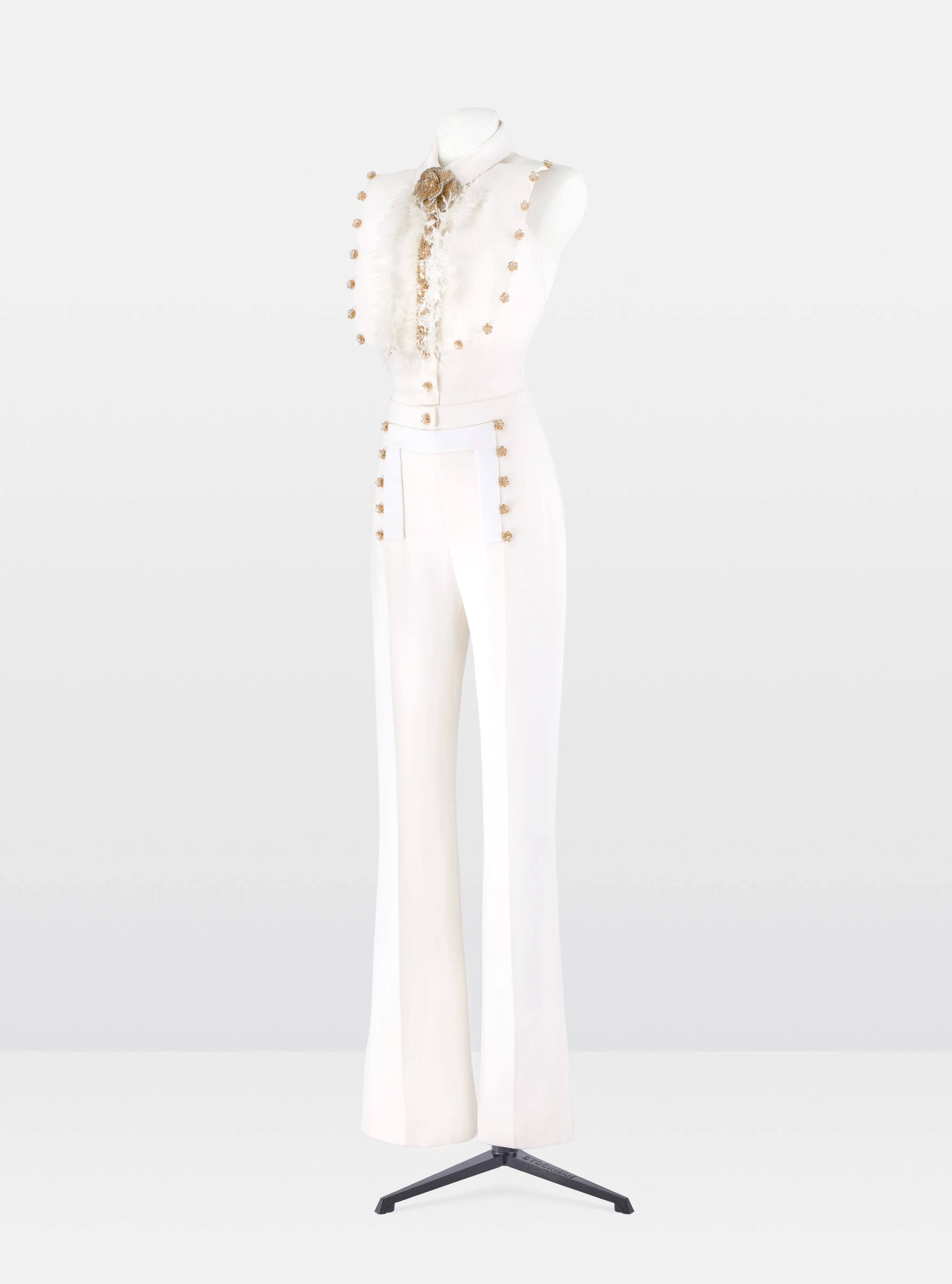 White Crepe Ostrich Feather Embellished Jumpsuit