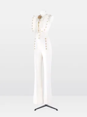 White Crepe Ostrich Feather Embellished Jumpsuit