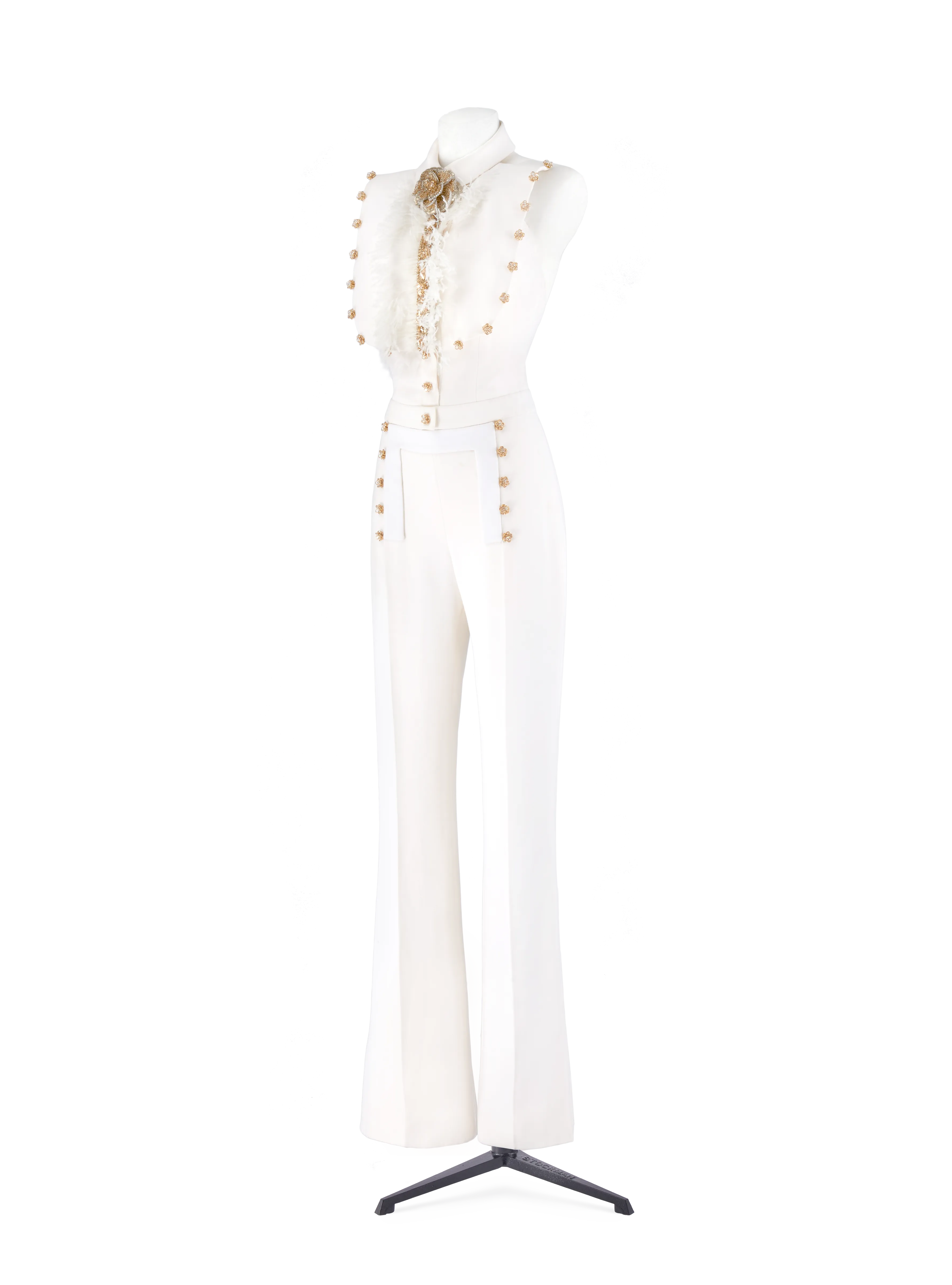 White Crepe Ostrich Feather Embellished Jumpsuit