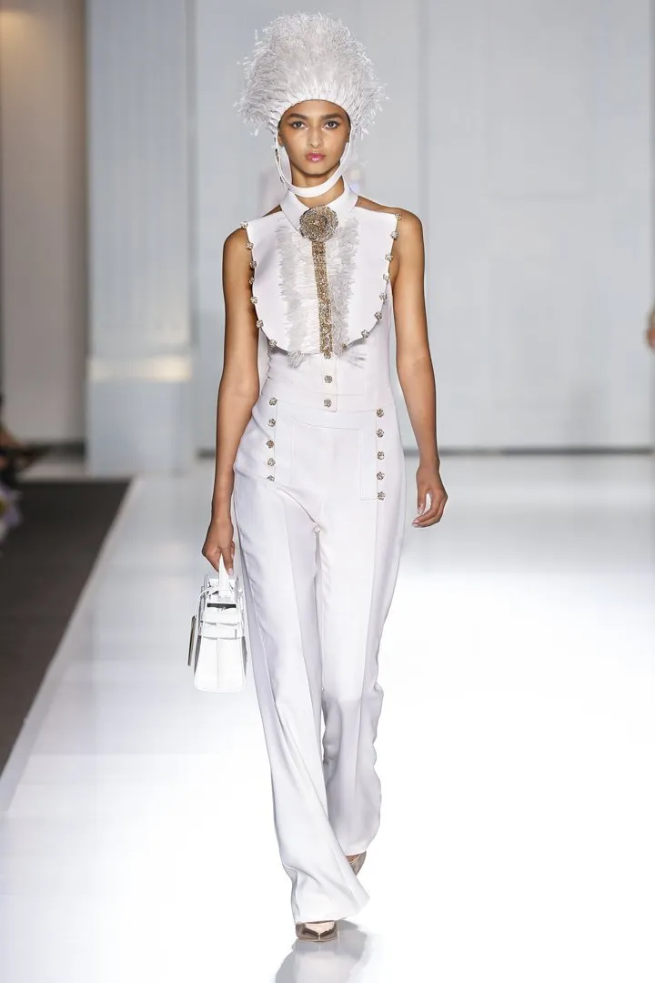 White Crepe Ostrich Feather Embellished Jumpsuit