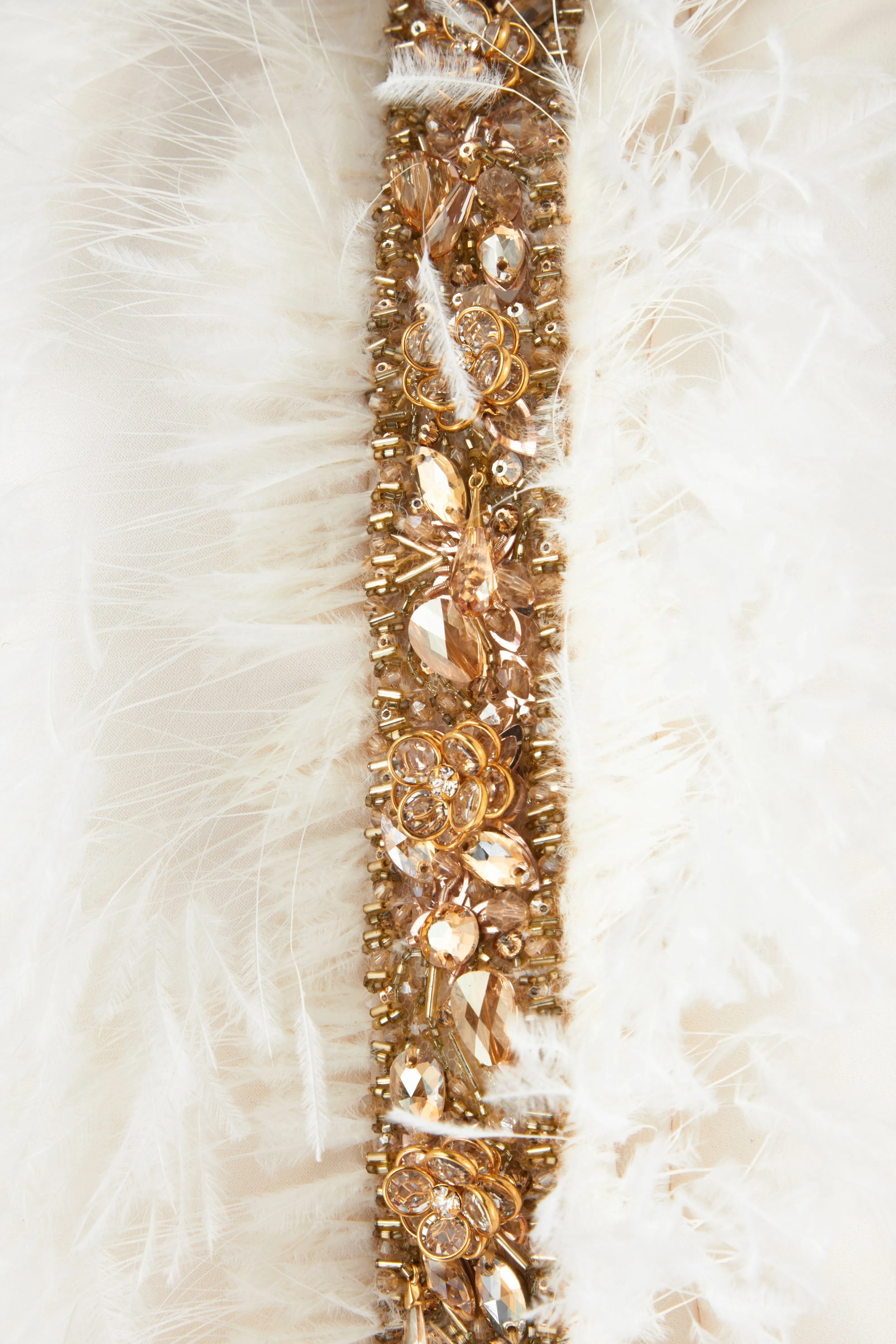 White Crepe Ostrich Feather Embellished Jumpsuit