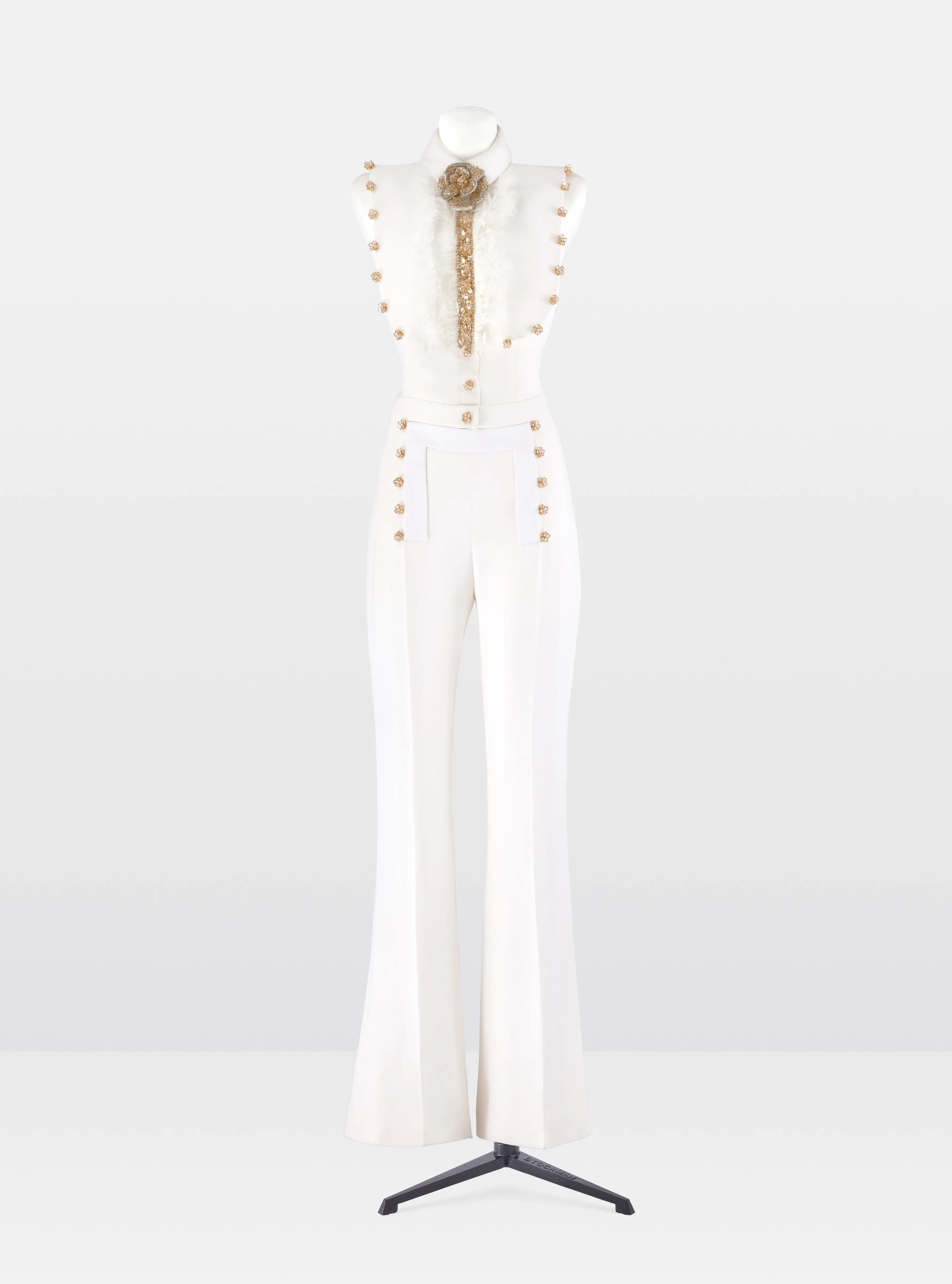 White Crepe Ostrich Feather Embellished Jumpsuit