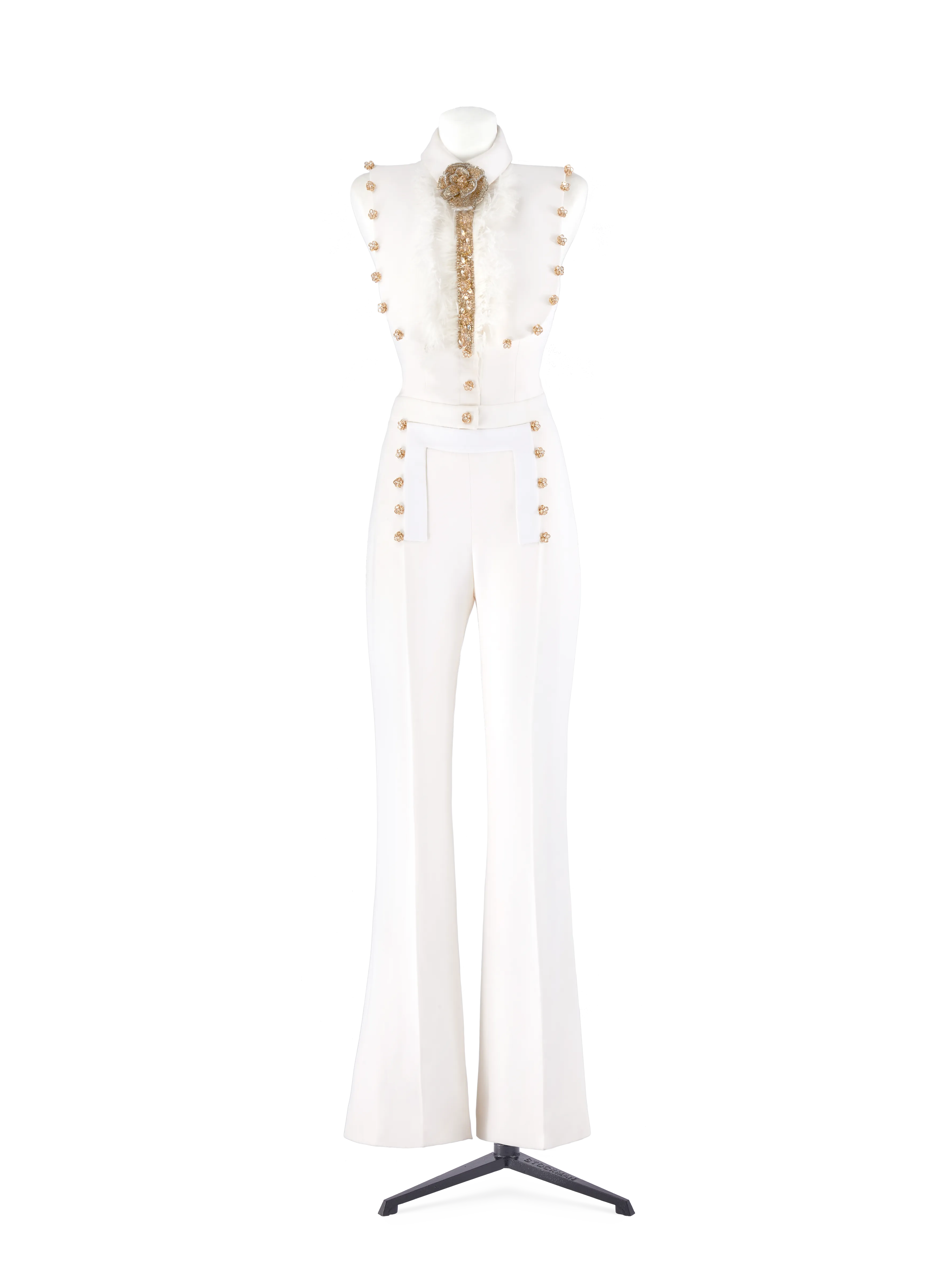 White Crepe Ostrich Feather Embellished Jumpsuit