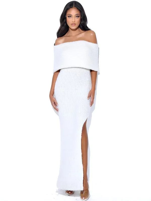 White Yuliana White Off Shoulder Long Sweater Dress