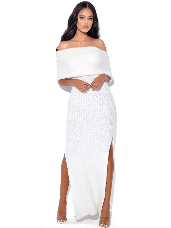 White Yuliana White Off Shoulder Long Sweater Dress