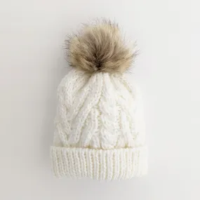 Winter White Pop Pom Pom Beanie Hat