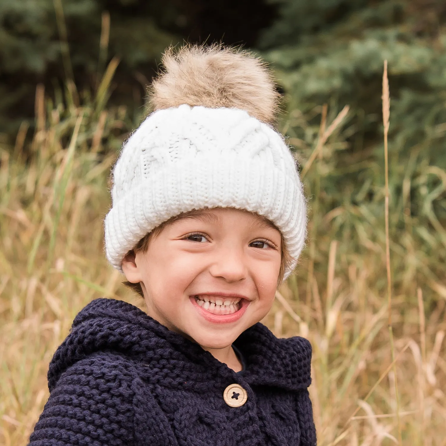 Winter White Pop Pom Pom Beanie Hat