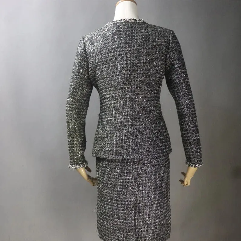 Women Custom Made Tweed Dark Grey Jacket   Dress/Shorts/ Pencil Skirt Suit