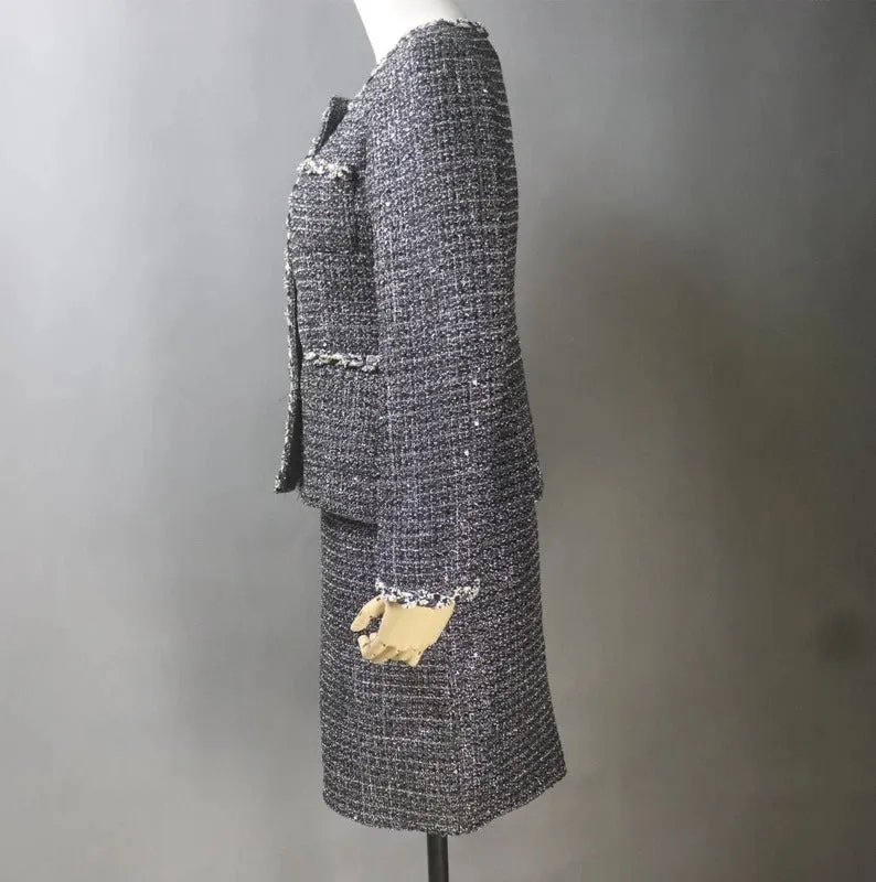 Women Custom Made Tweed Dark Grey Jacket   Dress/Shorts/ Pencil Skirt Suit