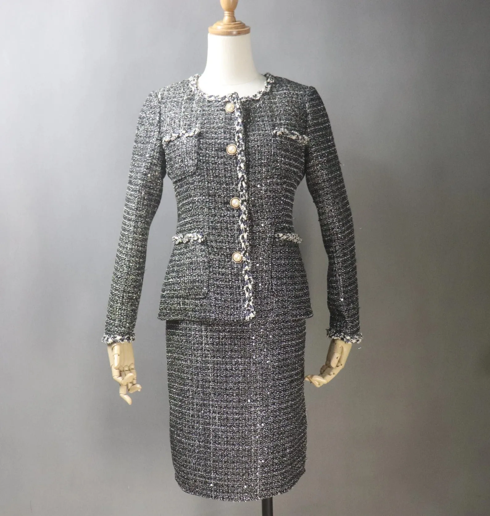 Women Custom Made Tweed Dark Grey Jacket   Dress/Shorts/ Pencil Skirt Suit