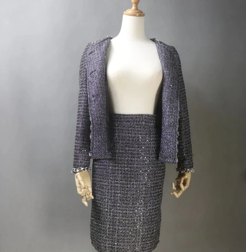 Women Custom Made Tweed Dark Grey Jacket   Dress/Shorts/ Pencil Skirt Suit