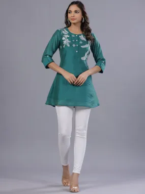 Women Green Chanderi Embroidered A-Line Tunic