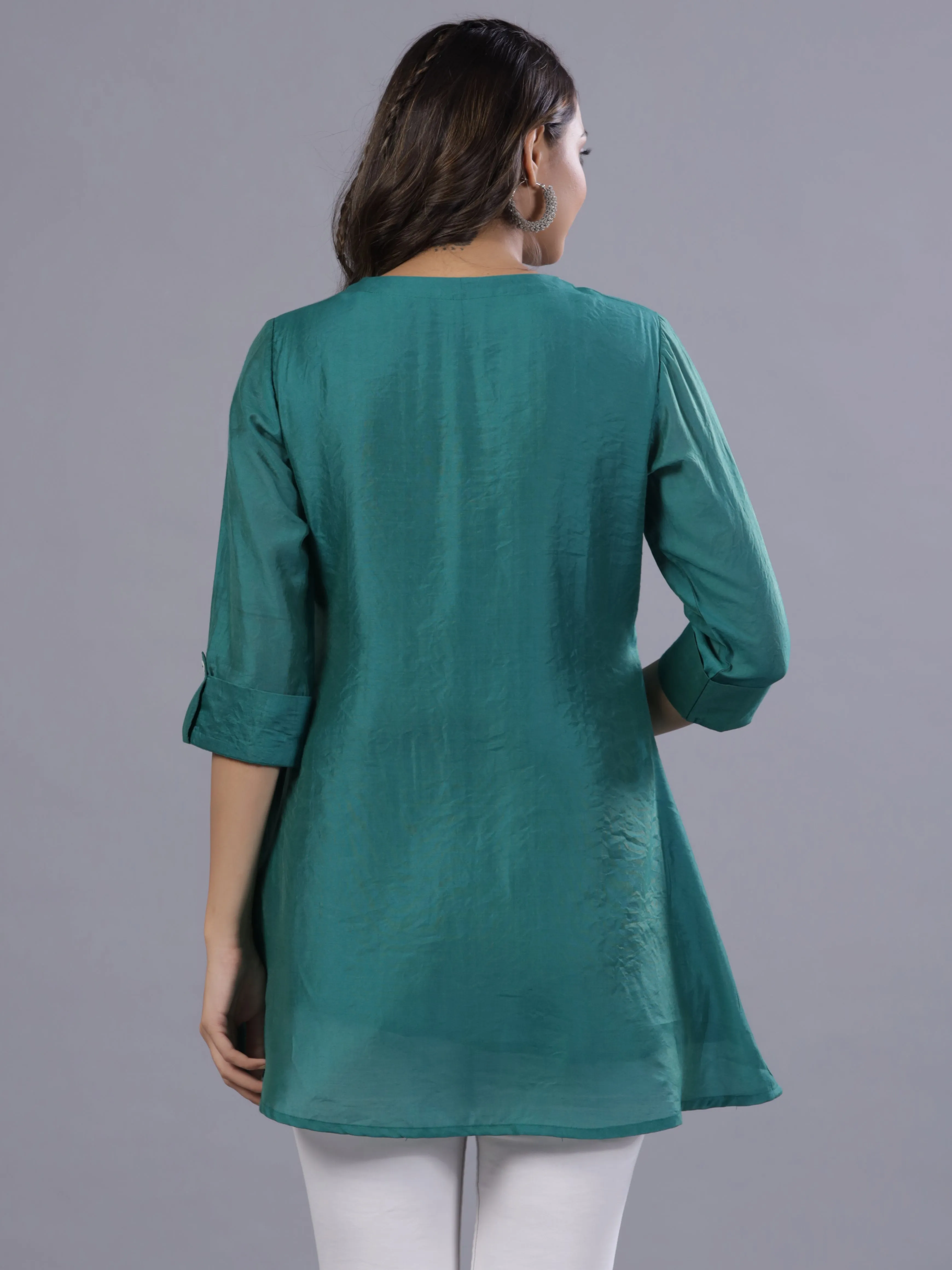 Women Green Chanderi Embroidered A-Line Tunic