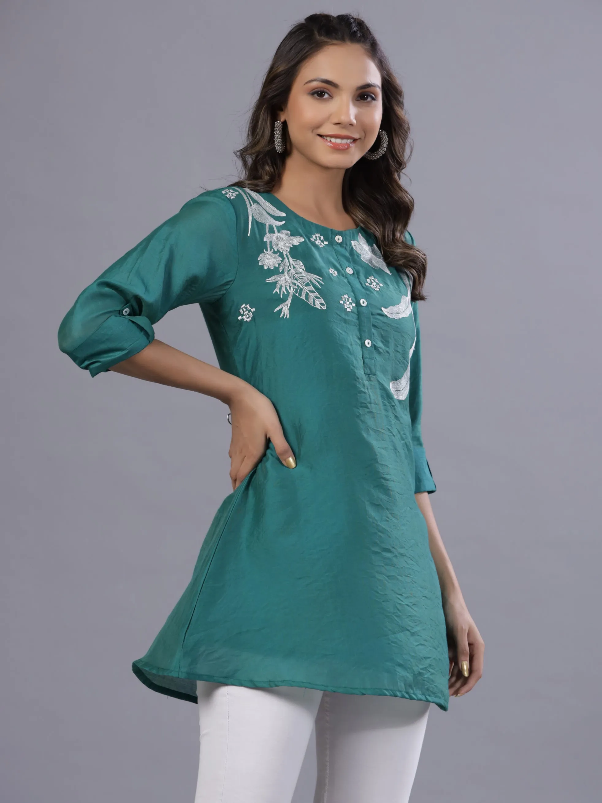 Women Green Chanderi Embroidered A-Line Tunic