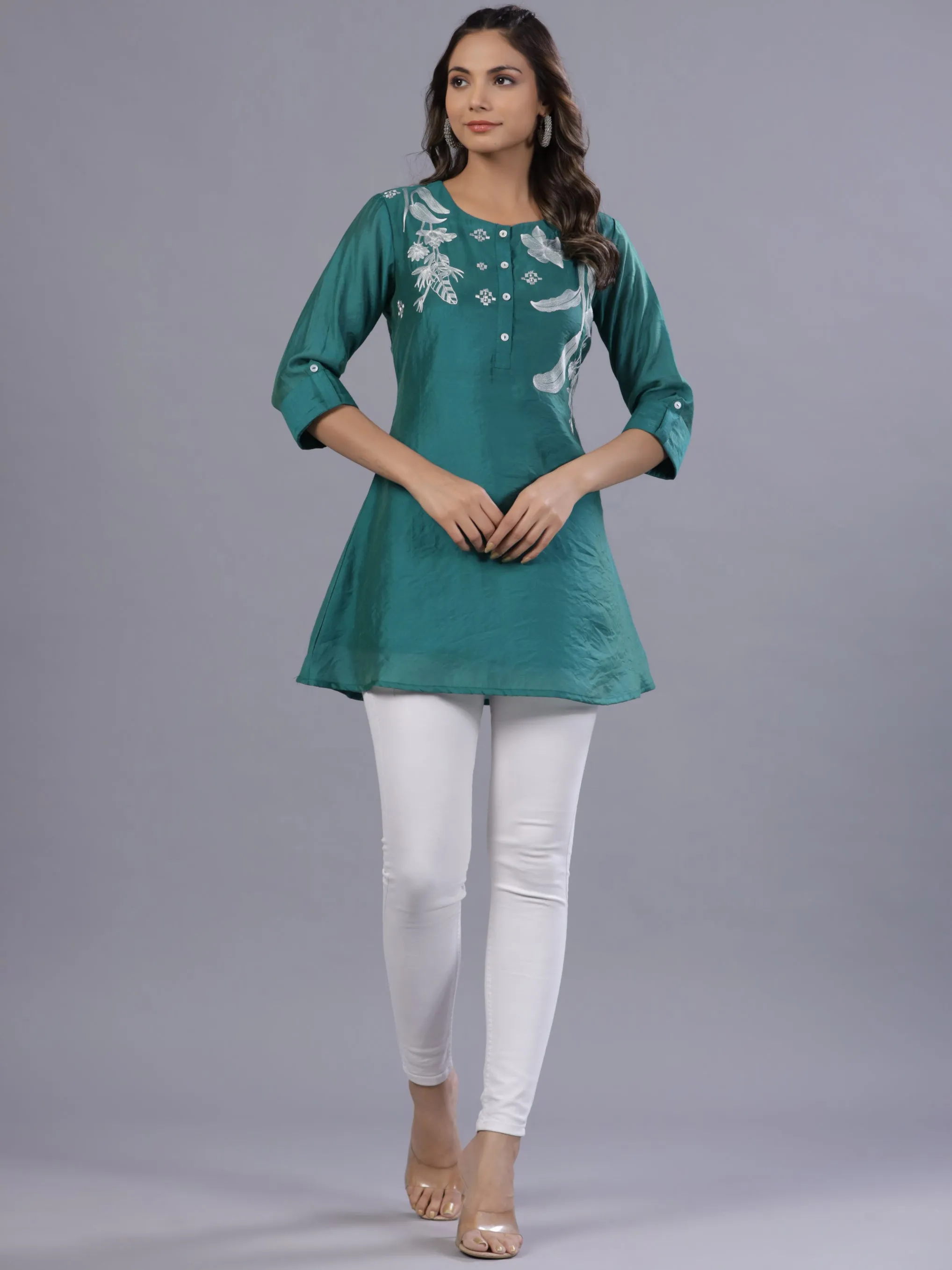 Women Green Chanderi Embroidered A-Line Tunic