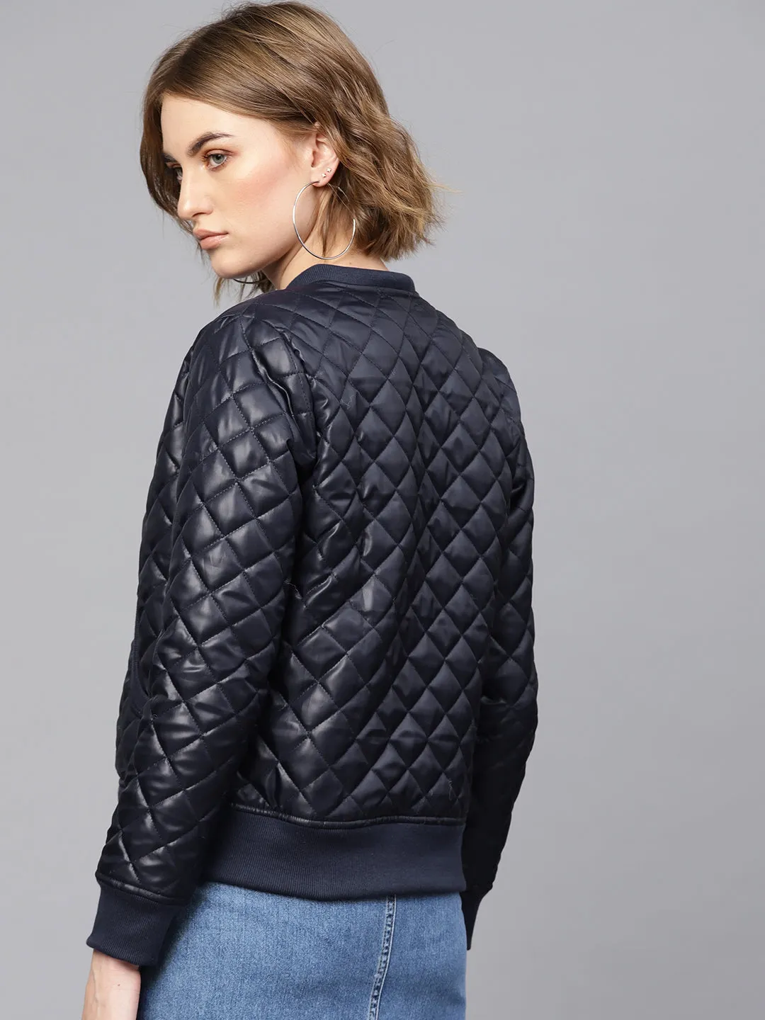 Women Navy Quilted Bomber Jacket